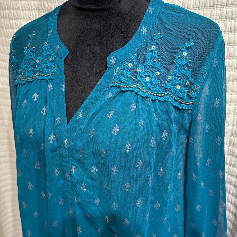 Bila Women's Blue Sheer V-neck Embellished Long Sleeve Blouse Size XL